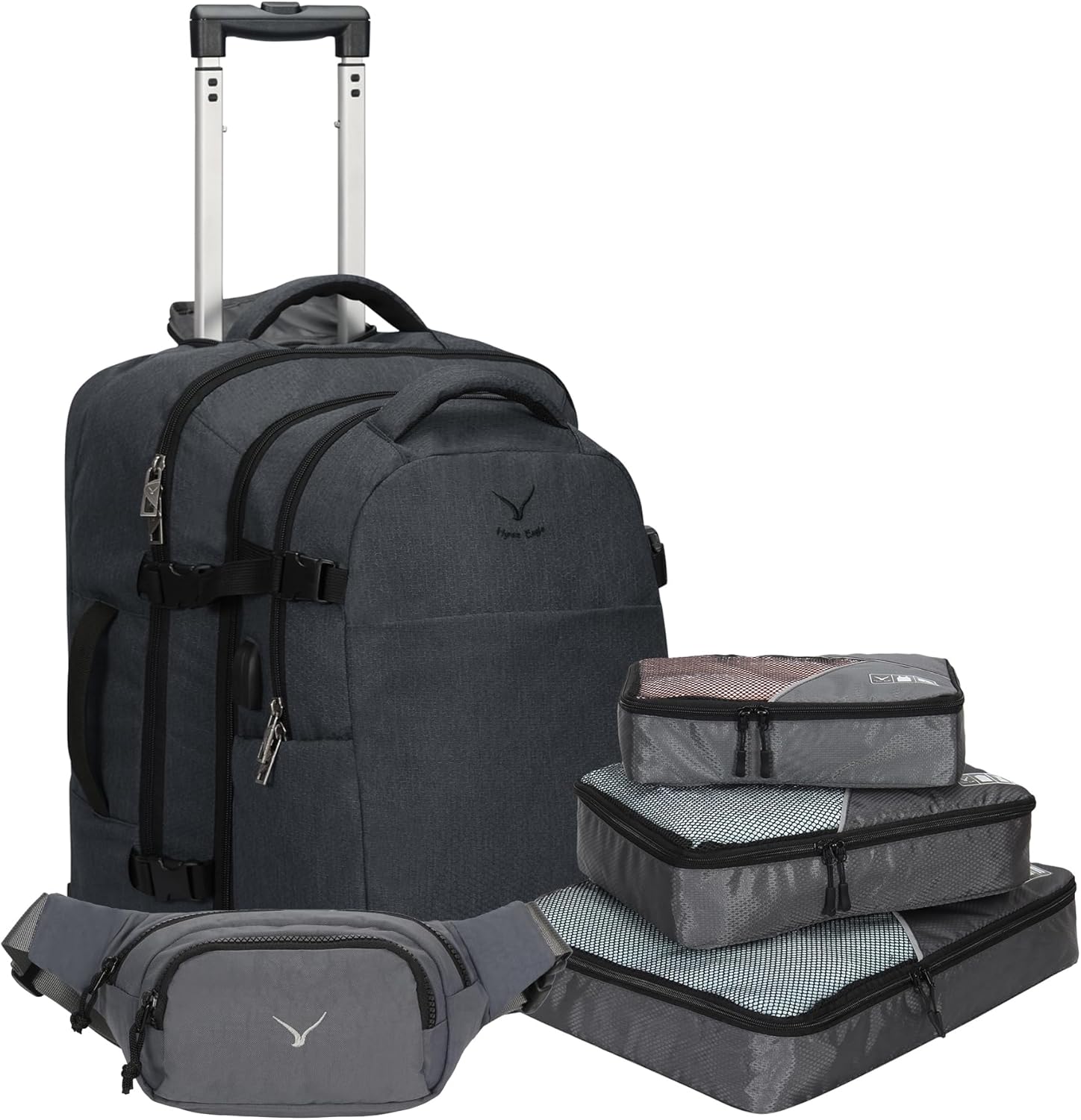 Hynes Eagle 2 in 1 Travel Backpack 22 inches Carry on Luggage 63L Rolling Backpack for Men Women with Packing Cubes 3PCS Set Grey Waist Pack Grey
