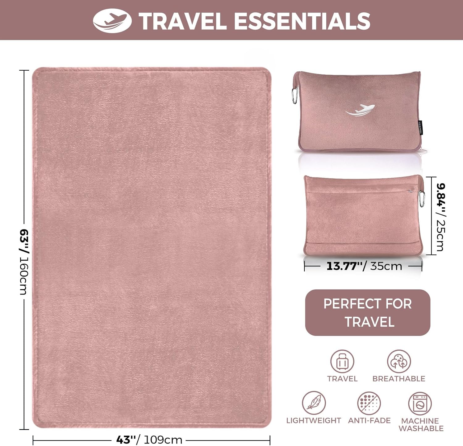 NOWWISH Travel Blanket Airplane Compact with Bag - Premium Soft 2 in 1 Airplane Blanket Pillow,Travel Essentials on Airplane, Camping, Car - Image 2