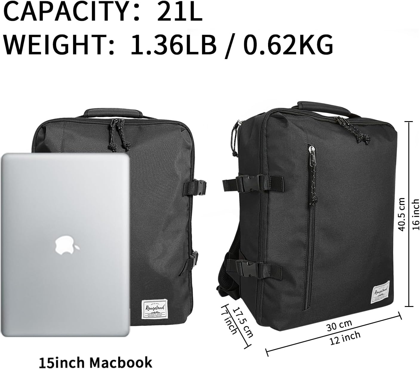 New Business Trip Backpack 21L Flight Approved Carry on Daypack 15-inch Laptop Notebook, Travel Commute Gym Sport, All Black - Image 2