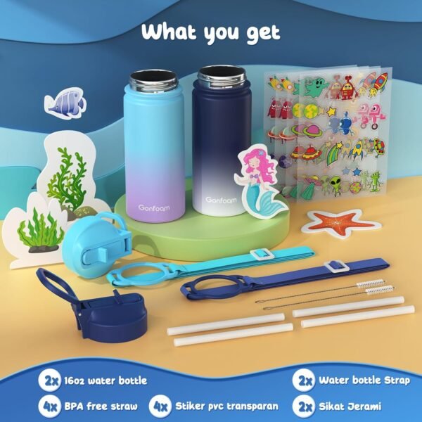 Kids Water Bottle, 2-Pack 16oz Kids Water Bottle with Stickers for School, insulated Stainless Steel Straw Cup(Gray+Blue) - Image 2