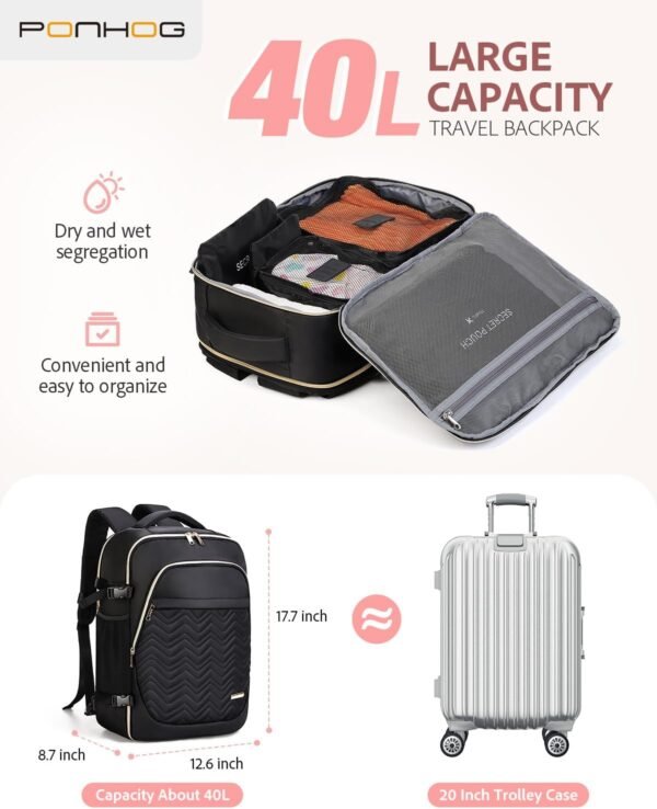 Large Travel Backpack for Women - Travel Backpack Carry on Flight approved 40L Personal Item with 6 Packing Cubes fit 17 inch Laptop Water Resistant Business College Backpacks Black - Image 6