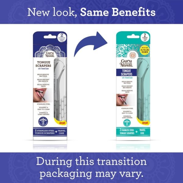 GuruNanda Stainless Steel Tongue Scraper (Pack of 2), Fight Bad Breath, Medical Grade 100% Stainless Steel Tongue Cleaner, Tongue Scraper For Adults and Kids, Great For Oral Care, Travel Friendly - Image 2