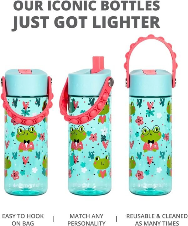 Elemental Leak Proof Water Bottles for Kids - Splash Kids Water Bottle for School with Fun Fidget Pop-it Handle - BPA Free Tritan Plastic Reusable Water Bottle with Straw - Fancy Frog - 18oz - Image 4