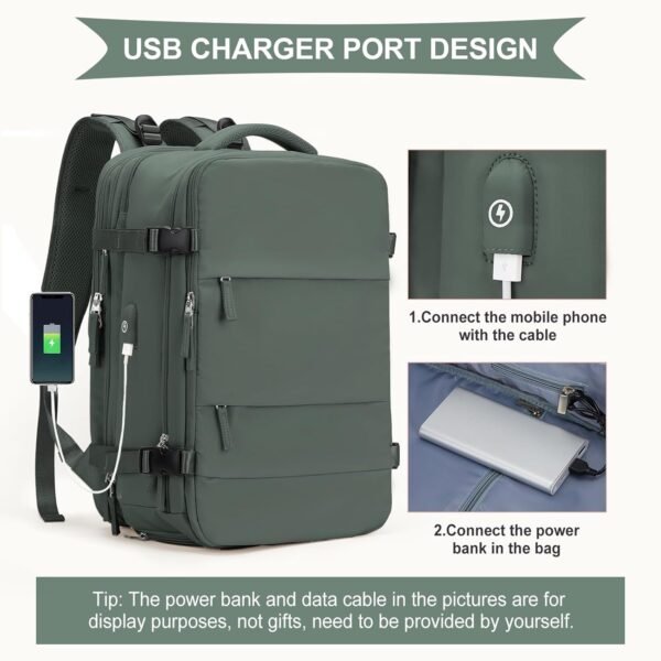 Large Travel Backpack For Women Men, Carry On Backpack,Hiking Backpack Waterproof Outdoor Sports Rucksack Casual Daypack Fit 15.6 Inch Laptop with USB Charging Port Shoes Compartment Olive Green EX - Image 4
