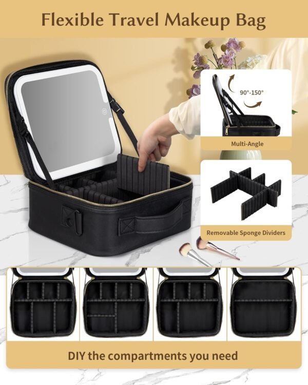 Portable Rechargeable Travel Makeup Bag - Makeup Case Organizer with LED mirror 3 Color Lights Adjustable Brightness Cosmetic Train Case with Adjustable Dividers for Women (Black) - Image 3