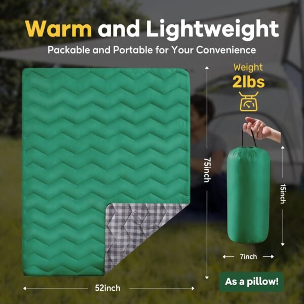 UNIKOME Outdoor Packable Camping Blanket, Lightweight Travel Blanket Waterproof Warm Camping Blanket for Hiking, Camping, Puffy Down Alternative Camping Blanket with Corner Loops, 75"×52", Green - Image 3