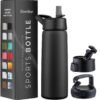 FineDine Triple Walled, Insulated Water Bottles with Straw - 25 Oz Stainless Steel Metal Bottle W/ 3 Leak Proof Lids - For Travel, School, Sports, Gym/Men, Women & Kids - Inky Raven Black