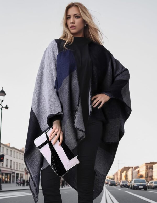 Women's Shawl Wraps Open Front Travel Poncho Cape Warm Oversized Plaid Sweaters Casual Cardigan Shawls for Fall Winter - Image 4