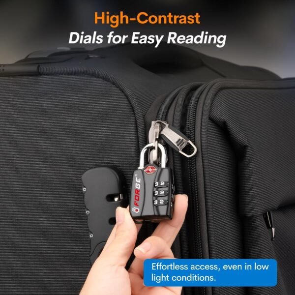 Forge Luggage Locks TSA Approved Black 1 Lock, Small Combination Lock with Zinc Alloy Body, Open Alert, Easy Read Dials, for Travel Suitcase, Bag, Backpack, Lockers. - Image 5