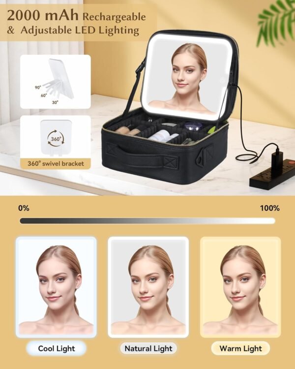 Portable Rechargeable Travel Makeup Bag - Makeup Case Organizer with LED mirror 3 Color Lights Adjustable Brightness Cosmetic Train Case with Adjustable Dividers for Women (Black) - Image 2