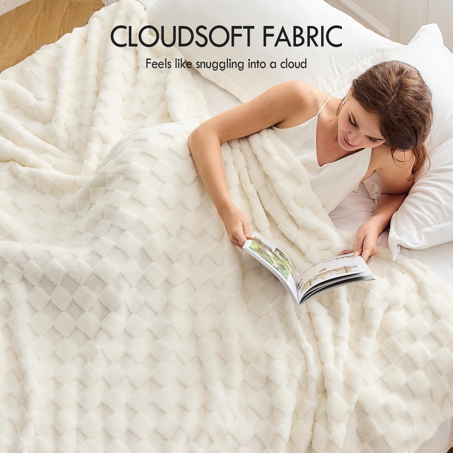 Kaisa Soft Cozy Fall Blankets, Premium Fleece 3D Checkered Blanket for Couch Sofa Bed, Lightweight Plush Cozy Warm Throws for Travel Office Home Decor, Cute Blankets, 50"x60", Cream White - Image 2
