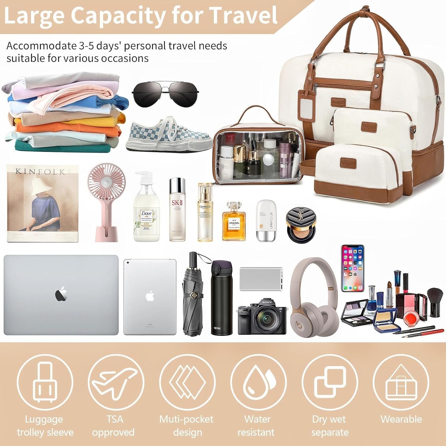 Wogarl 4PCS Weekender Bags for Women Large Overnight Bag Weekend Travel Duffel Bag Carry on Shoulder with Shoe Compartment Canvas Toiletry Bag for Travel Business Gym,Beige - Image 6