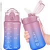 OLDLEY Kids Water Bottle for School, 12 oz (Straw Lid) BPA-Free Reusable Leak-proof Durable Tritan Plastic Water Bottles with One-handed Opening Straw Lids, Anti-dust Spout Cover (Pink-Blue)