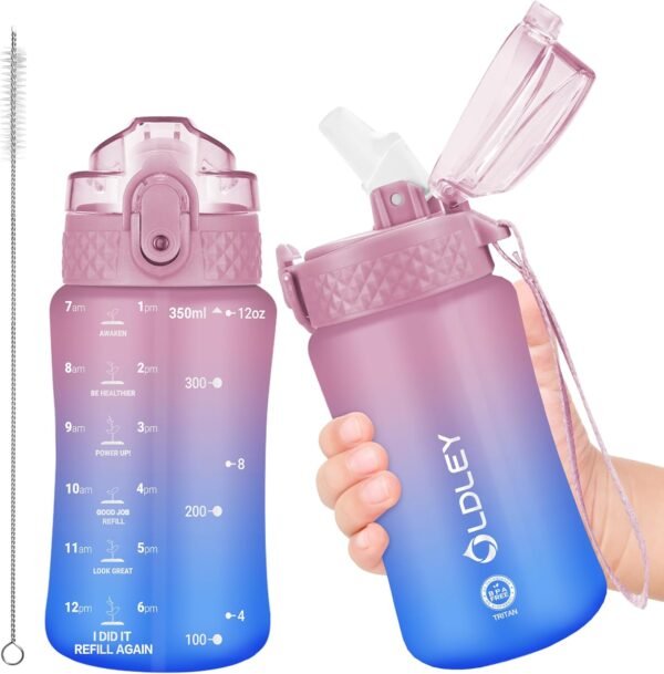 OLDLEY Kids Water Bottle for School, 12 oz (Straw Lid) BPA-Free Reusable Leak-proof Durable Tritan Plastic Water Bottles with One-handed Opening Straw Lids, Anti-dust Spout Cover (Pink-Blue)