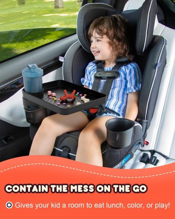 SEVEN SPARTA Car Seat Tray for Kids Toddler Travel with Soft Rubber Base, Rotatable and Removable Cup Holder Snack Tray for Food Color and Play for Family Road Trip Essentials (1, Large Base) - Image 2