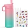 Kids Water Bottle, 16oz Kids Water Bottle with Stickers for School, insulated Stainless Steel Straw Cup, Gifts for Boys(Pink/Green)