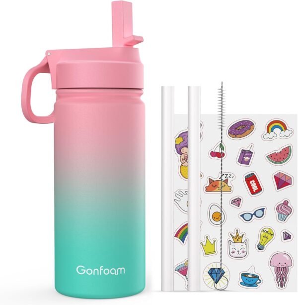 Kids Water Bottle, 16oz Kids Water Bottle with Stickers for School, insulated Stainless Steel Straw Cup, Gifts for Boys(Pink/Green)