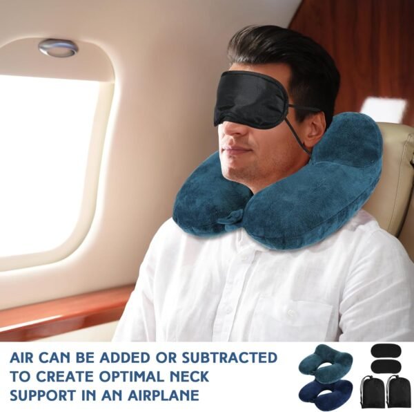 Sintuff 2 Pack Inflatable Travel Pillow for Airplanes Inflatable Neck Pillows with Compact Bag and Blindfold Soft Flight Pillow for Traveling, Airplane, Train, Car, Office(Peacock Green and Blue) - Image 6