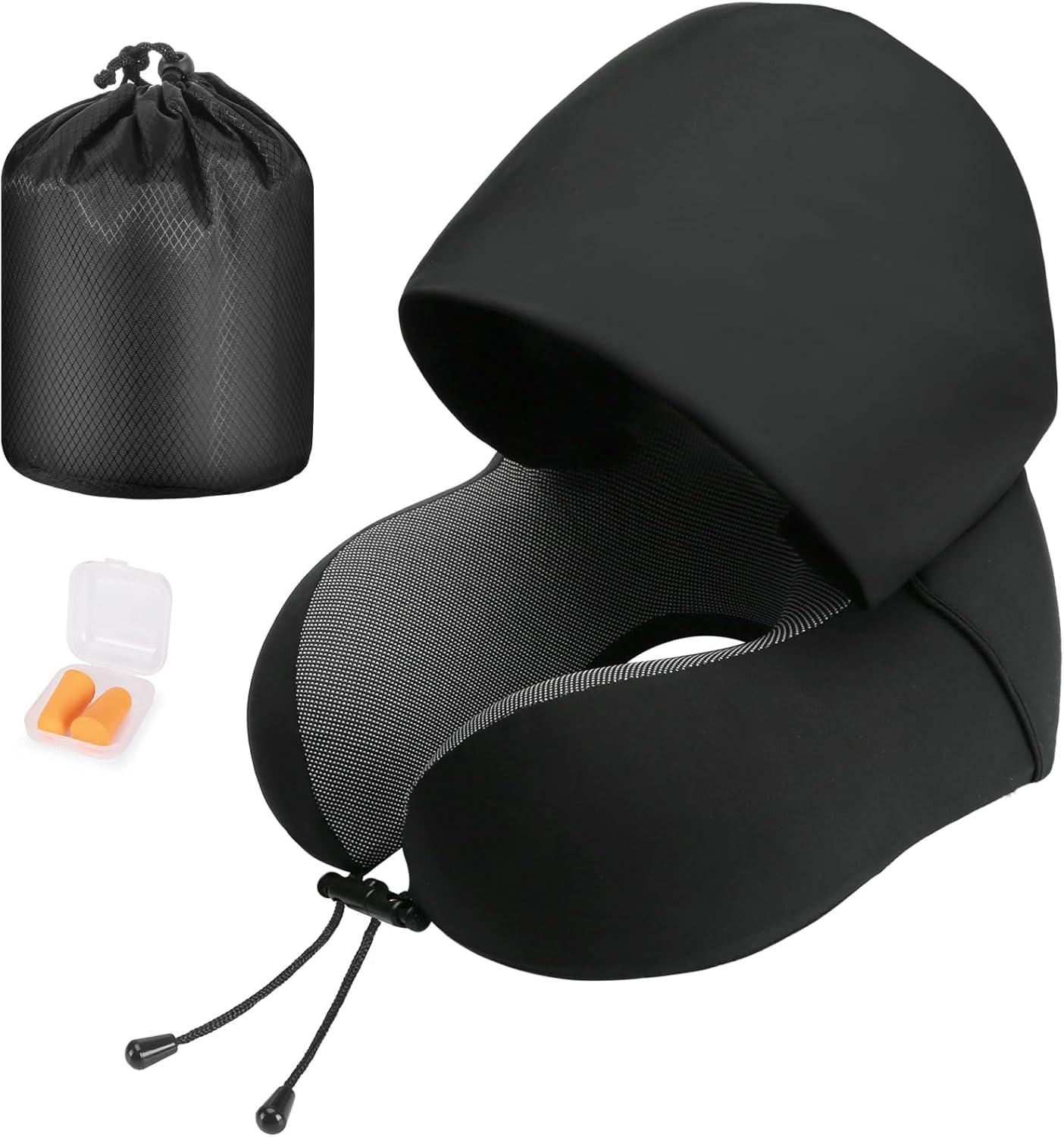 Neck Pillow for Travel, Memory Foam Travel Pillow with Hood, Adult Airplane Pillow for Head Rest Neck Support, Portable Pillow for Office Cars Trains Long Flights Sleeping (Black)