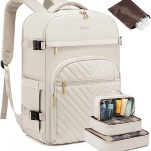 LOVEVOOK Large Travel Backpack for Women, TSA Carry on Backpack for Airplanes, 40L Personal Item Travel Bag fits 17" Laptop, Waterproof Carry on Bag Flight Approved with 4 Packing Cubes, Beige