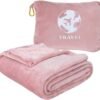 Bnuitland Travel Blanket and Pillow 2 in 1, Soft Flannel Airplane Blanket in Bag Compact-Long Flight Essential for Adults and Kids, Portable Luggage Sleeve and Backpack Clip, 65×40 inch Pink