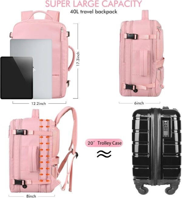 Beraliy Large Travel Backpack for Women, Personal Item Bag Airline Approved, Carry On Luggage, 17.3 inch Laptop Backpack, Waterproof Backpack,Hiking Backpack, Pink - Image 5