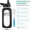 CIVAGO 32 oz Glass Water Bottle with Straw and Handle, Large Sports Motivational Water Bottle Flask with Time Marker and 2 Lids, Leakproof Water Jug Canteen with Silicone Sleeve for Gym,Black - Image 2
