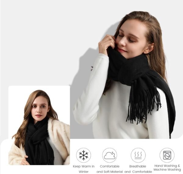 Womens Winter Scarf - Fashion Scarf Shawl with Cashmere Feel, Warm Soft Blanket Scarf Pashmina Shawl and Wrap, Travel Office Winter Wedding, Evening Dresses Large Scarves gifts for women, Black - Image 5