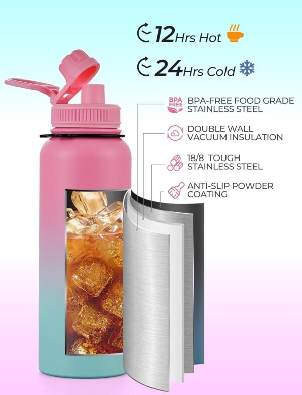 LyriFine 40oz Sport Water Bottle with Paracord Handles & Strap, Straw Lid & Spout Lid, Double Wall Vacuum Keep Cold & Hot, BPA-Friendly Reusable, Wide Mouth Water Bottle for Travel, Pink - Image 4