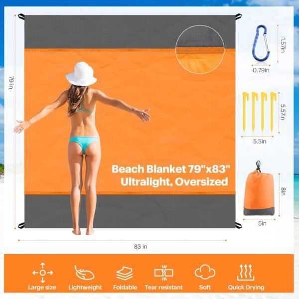 EASYFUN Beach Blanket Sandproof Oversized, 79''×83'' Extra Large Beach Mat, Portable Picnic Mat for Travel Camping Hiking, Lightweight Beach Essentials Family Water Resistant Mat Nylon 210T - Image 2