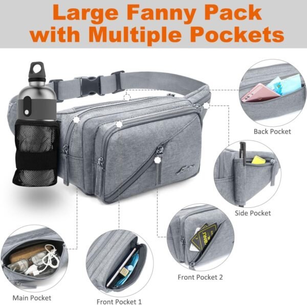 Fanny Pack for Men Women Waist Bag with Water Bottle Holder Waterproof Crossbody Belt Bag with Adjustable Strap for Travel Hiking Running Outdoor Sports (Grey) - Image 6