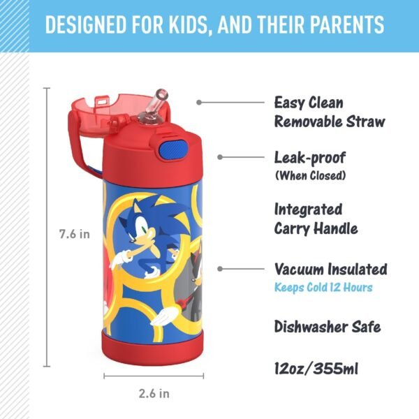THERMOS FUNTAINER Water Bottle with Straw - 12 Ounce, Sonic the Hedgehog - Kids Stainless Steel Vacuum Insulated Water Bottle with Lid - Image 2
