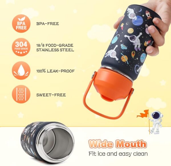 Kids Insulated Water Bottle with Straw Lid, 14oz Double Wall Vacuum 18/8 Stainless Steel Kids Tumbler, BPA-FREE Leak Proof Toddler Metal Water Bottle Kids Cups for School Travel Boys Girls - Image 4