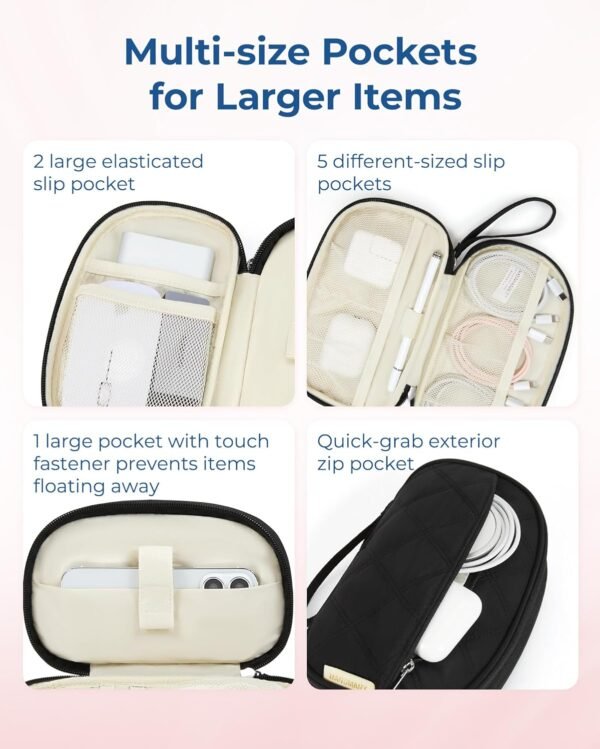 BAGSMART Travel Cord Organizer Electronics Organizer Travel Case, Double Layers Puffer Cable Organizer Bag Travel Essentials for Women, Tech Organizer Case for Charger, Phone, Flash Drive - Black - Image 3