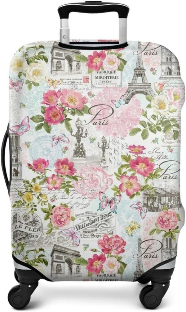 World Famous Scenery Luggage Cover - Washable Elastic Suitcase Cover - Eiffel Tower,Arc de Triomphe and Flower Butterfly Travel Suitcase Cover Fit 22-24 Inch Luggage