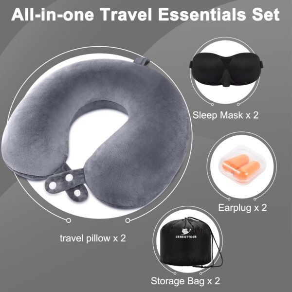 2 Pack Travel Pillow for Airplane, Memory Foam Neck Pillows Travel Essentials with Eye Mask Earplugs and Storage Bag for Travelling, Plane, Sleeping, Car, Train and Home Use, Grey - Image 7