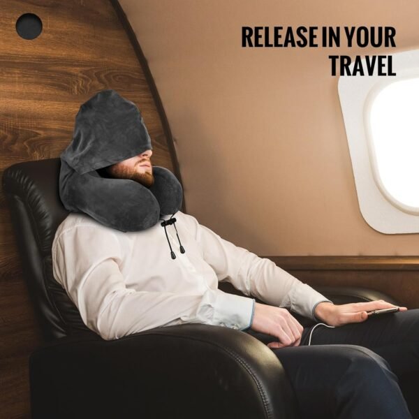 Travel Pillow, Neck Pillow for Travel with Hood for Airplane, Velvet Memory Foam Neck Pillow Adult Head & Neck Support, for Long Flights Plane, Office, Cars Sleeping & Rest (Grey) - Image 9