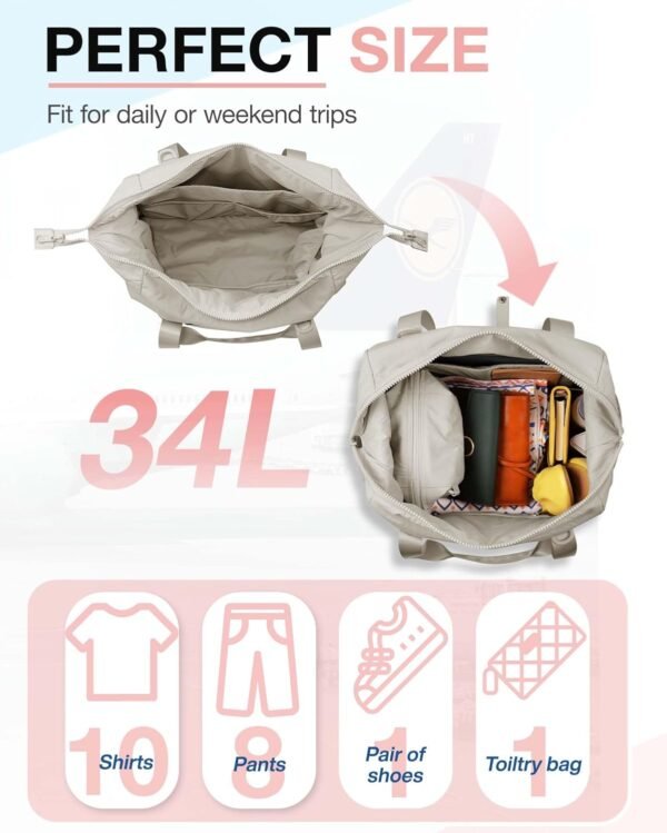 BAGSMART BAGSMART Gym Bag for Women, Carry on Weekender Overnight Bag, Travel Duffel Bags with Trolley Sleeve, Personal Item Travel Bag Tote Bag Workout Dance Bag, Beige-34L - Image 5