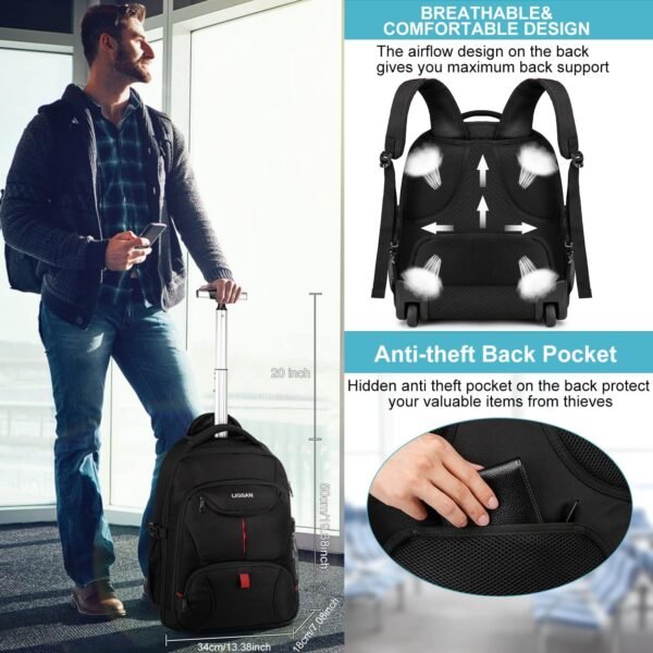 Rolling Backpack, Large Backpack with Wheels for Men Women Adults, 17inch Waterproof Wheeled Travel Laptop Backpack Carry on Luggage Bag Trolley Suitcase Business College School Computer Bookbag,Black - Image 5