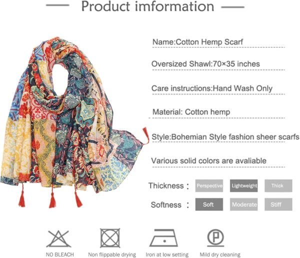 GUZOSJO Women's Boho Cotton Hemp Lightweight Floral Printed Scarf Long Shawl Wrap Scarf Head Shawl for Fall Spring - Image 4