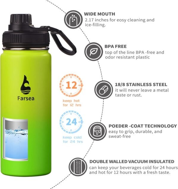 Farsea Insulated Water Bottle With Paracord Handle, Protective Silicone Boot and 2 Lids (Straw Lid & Spout Lid), Stainless Steel Water Bottle Wide Mouth, Double Wall Sweat-Proof BPA-Free, 18 oz - Image 2