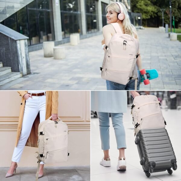 HOMIEE Travel Backpack for Women, Carry On Backpack with USB Charging Port, TSA Approved Personal Item Bag Spirit Airlines, 15.6 Inch Laptop Backpack for Colllege Work, Beige - Image 2