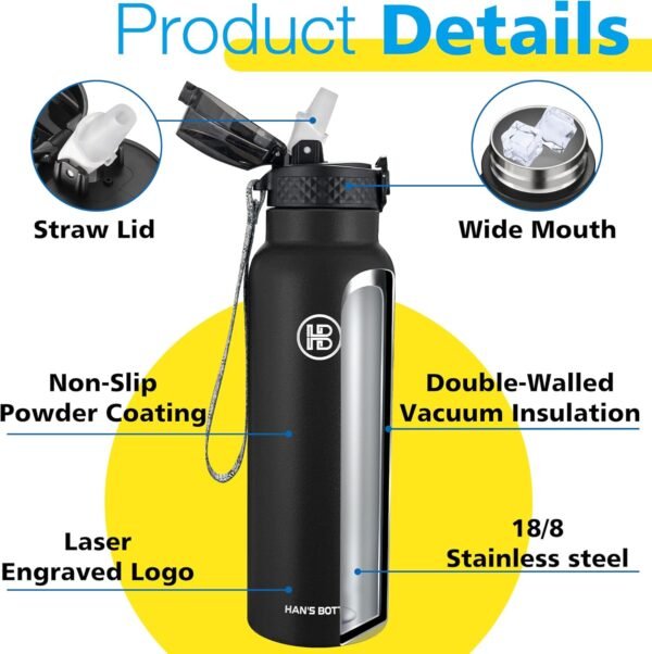 Han's Bottle Sports Water Bottle - 24 Oz, Straw Lid, Leak Proof, Vacuum Insulated Stainless Steel, Double Walled, Thermo Mug,Black - Image 5