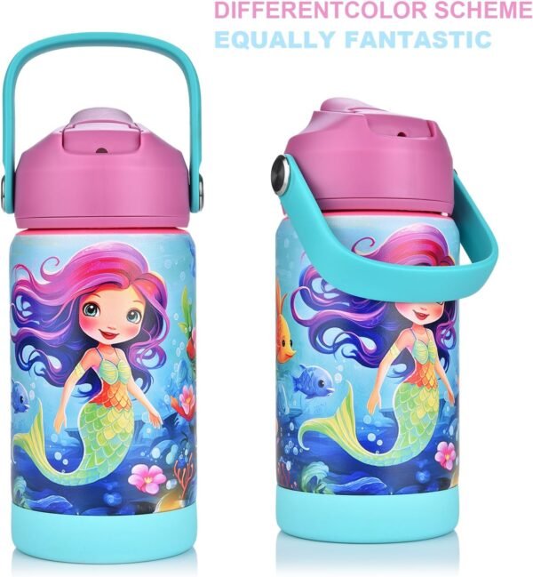 12oz Kids Insulated Water Bottle, Leak-proof Cup With Straws Lids, Kids Water Bottles For School Boys Girls, Stainless Steel Vacuum Insulated Bottle For Kids Children (Mermaid) - Image 5