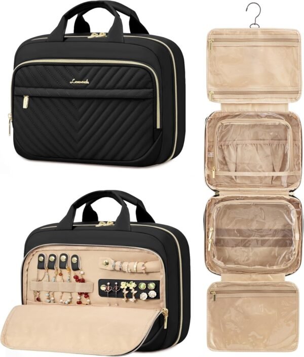 LOVEVOOK Travel Toiletry Bag for Women, Waterproof Hanging Makeup Bag with Jewelry Compartment, Portable Cosmetic Bag with Luggage Strap for Trips Camping Bathroom(Black,Medium)