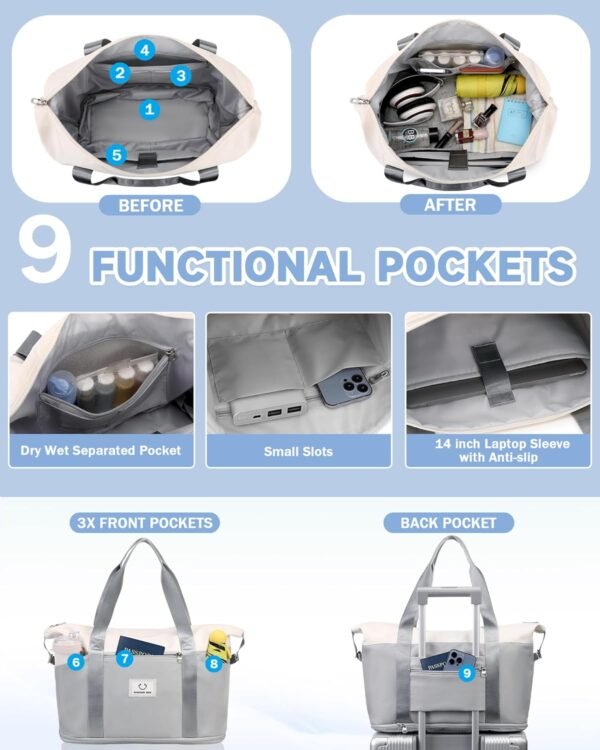 Overnight Bag, Expandable Travel Bag with Trolly Sleeve and Laptop Sleeve, Dry Wet Separated Pocket Weekender Gym Bag - Image 3