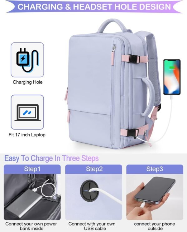 Travel Backpack for Women, Airline Approved Carry On Luggage As Personal Items, 17.3 inch Laptop School Backpack, Waterproof Weekender Bag, Hiking Backpack(Purple) - Image 4