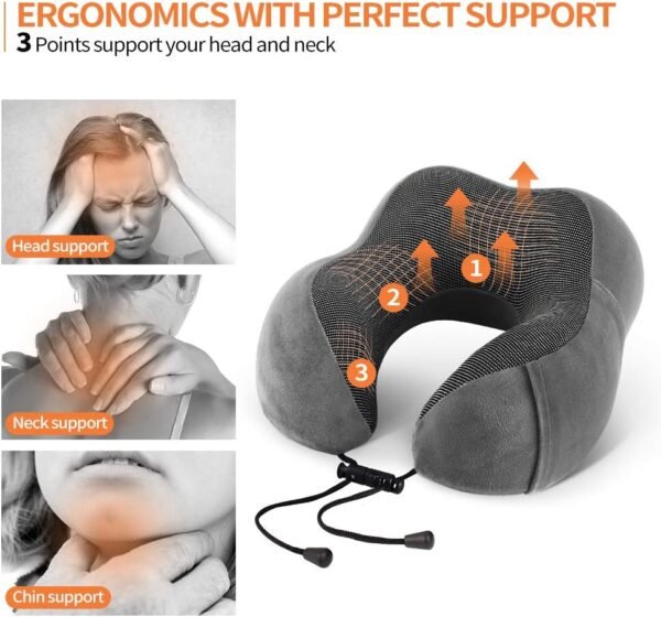 Travel Pillow 100% Memory Foam Pillow, Neck Pillow for Airplane, Neck & Head Support Pillow for Sleeping Rest & Car, Travel Pillows Kit with Storage Bag, Sleep Mask and Earplugs Dark Grey - Image 3