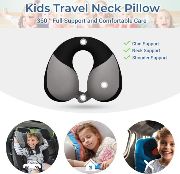 COOLBEBE Kids Travel Neck Pillow for Airplane, Toddler Neck Pillow for Traving, Comfortably Double Support for Head, Neck, and Chin, Travel Gifts for Children(1, Black) - Image 2