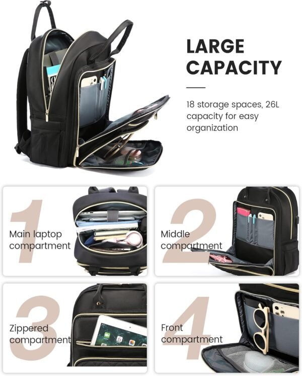 LOVEVOOK Laptop Backpack for Women, 15.6 Inch, Black, Quilted Commuter Backpack with USB Charging Port, Water Resistant, Lightweight Travel Work Backpack - Image 3